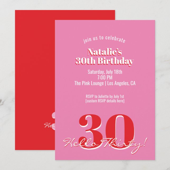Modern Pink Red Minimalist 30th Birthday Invitation (Front/Back)