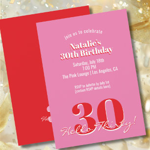 Modern Pink Red Minimalist 30th Birthday Invitation