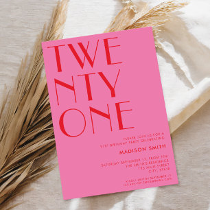 Modern Pink Red Minimalist Chic 21st Birthday Invitation