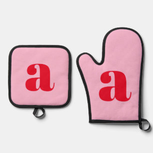 Modern Pink Red Monogram Initial Personalized Oven Mitt & Pot Holder Set