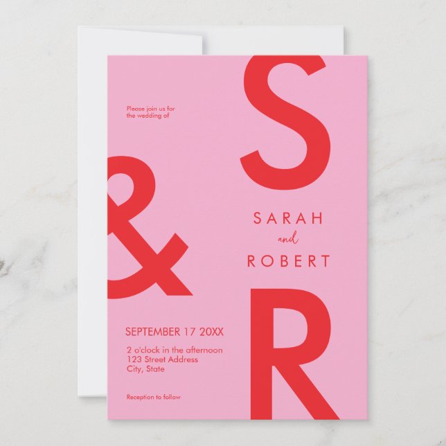 Modern Pink Red Monogram Wedding Invitation (Front)