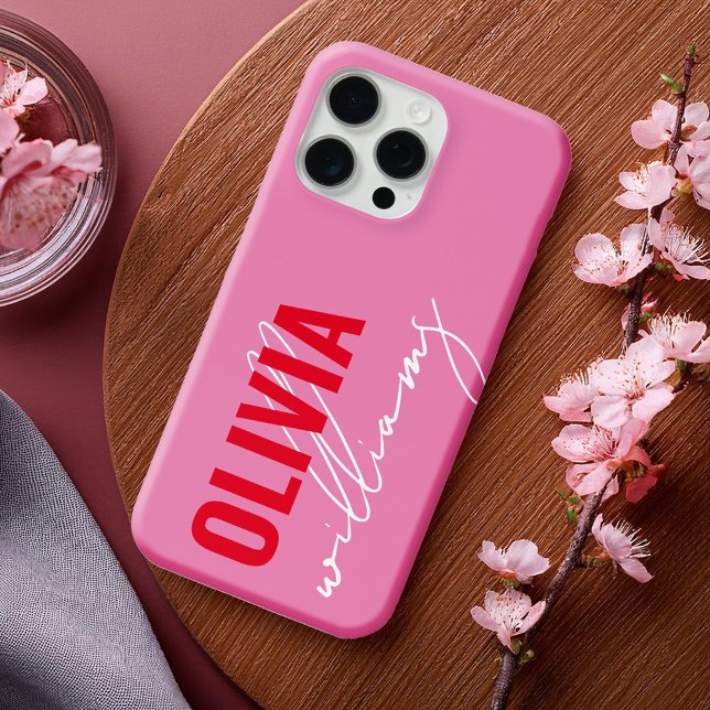 Modern Pink Red Name Monogram Case-Mate iPhone Case (Creator Uploaded)