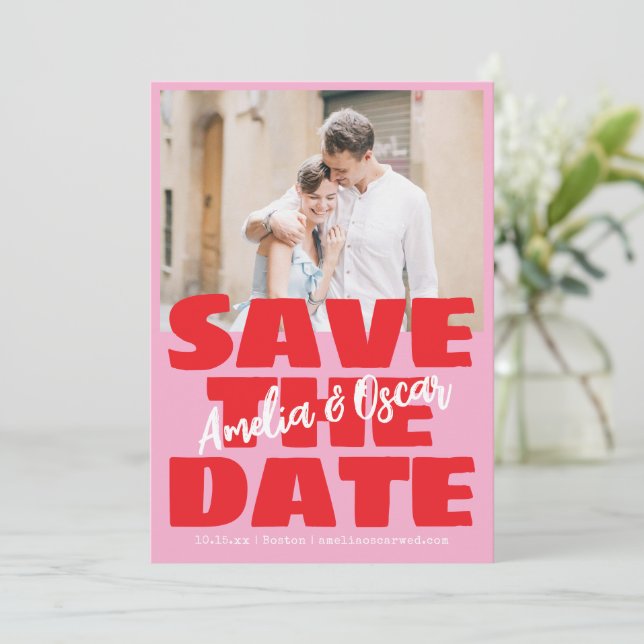 Modern Pink Red Photo Playful Bold Modern Save The Date (Standing Front)