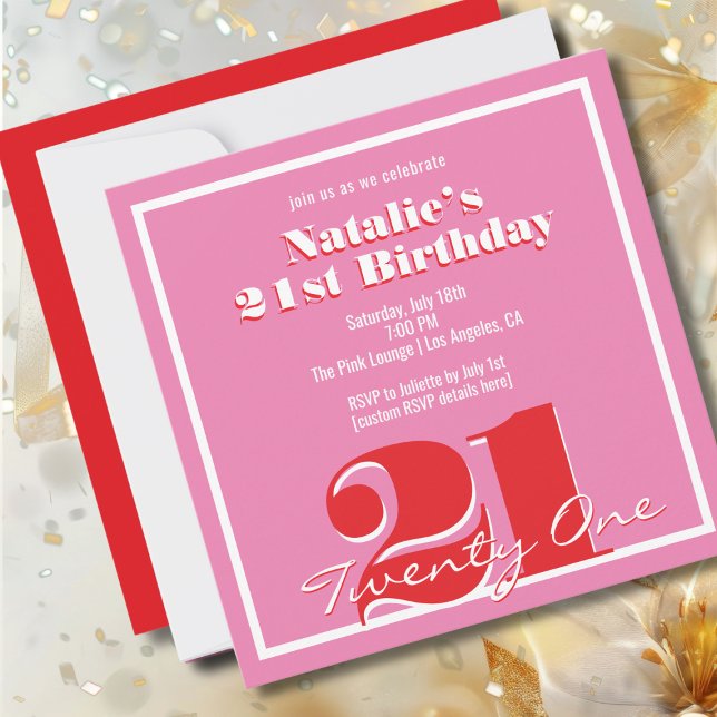 Modern Pink Red Retro 21st Birthday Square Invitation (Creator Uploaded)