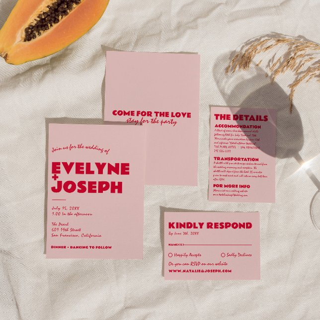 Modern Pink Red Retro Bold Funky Unique Wedding Invitation (Creator Uploaded)
