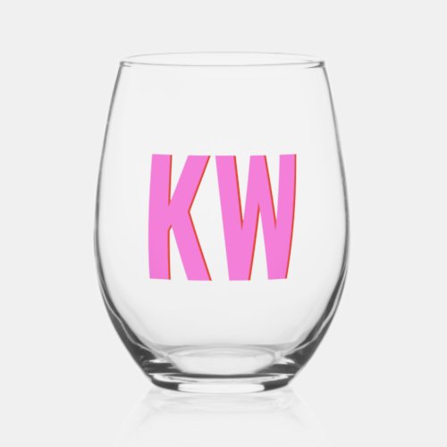 Modern Pink Red Shadow Monogram Personalized Stemless Wine Glass