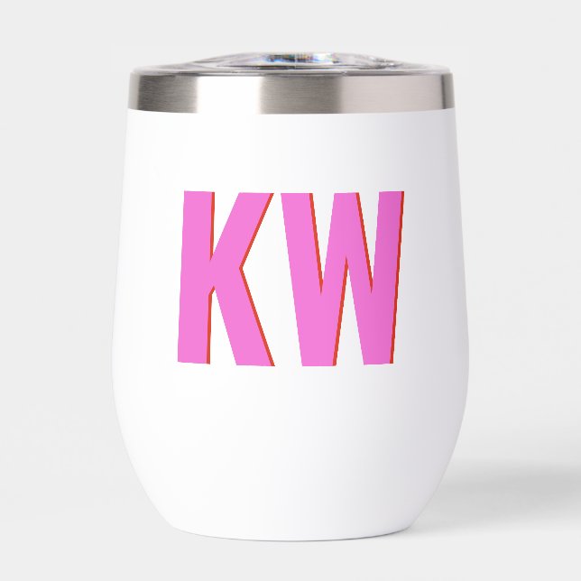 Modern Pink Red Shadow Monogram Personalized Thermal Wine Tumbler (Front)
