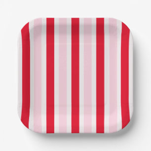 Modern Pink Red Stripes Christmas Paper Plates