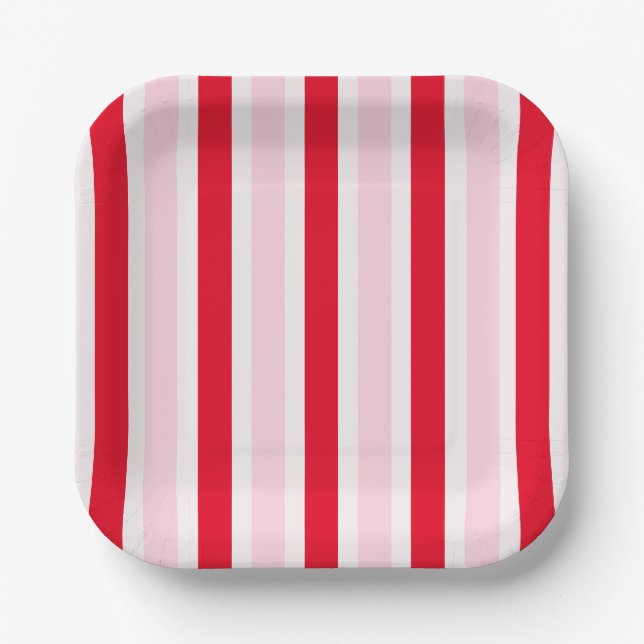 Modern Pink Red Stripes Christmas Paper Plates (Front)
