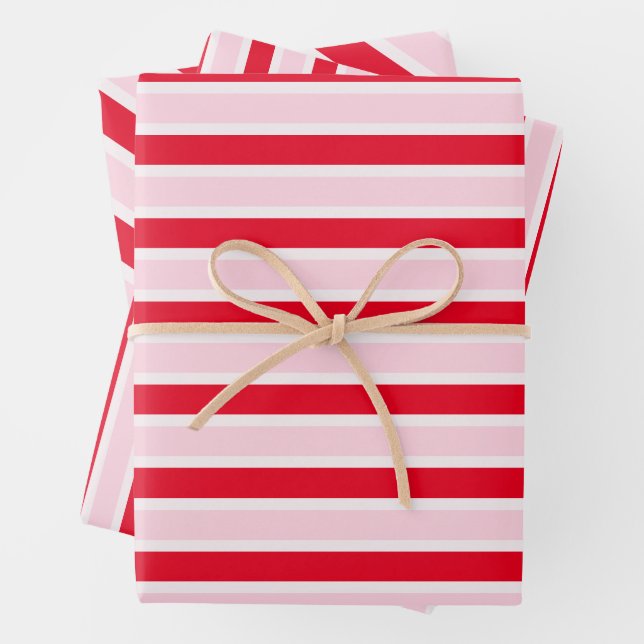 Modern Pink Red Stripes Christmas Wrapping Paper Sheets (In situ)