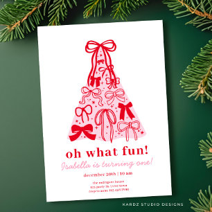 Modern Pink & Red Tree Bow 1st Birthday Invitation