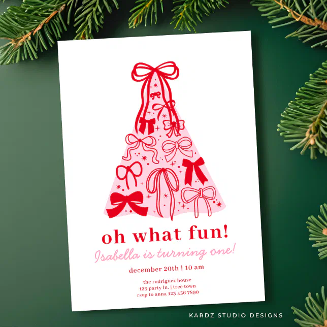 Modern Pink & Red Tree Bow 1st Birthday Invitation | Zazzle