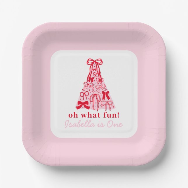 Modern Pink Red Tree Bow 1st Birthday Paper Plates (Front)
