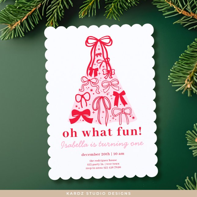 Modern Pink Red Tree Bow First Birthday Invitation (Invitation shown in 5 x 7 inches with a scallop frame. Personalize and choose paper and corner style)