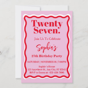 Modern Pink Red Wave Curve 27th Birthday Party Invitation