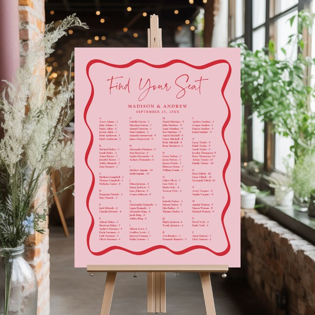Modern Pink Red Wavy Alphabetical Seating Chart Foam Board (Creator Uploaded)