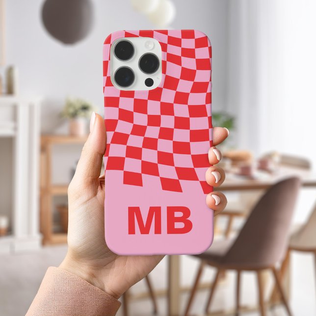 Modern Pink Red Wavy Checkered Pattern Monogram Case-Mate iPhone Case (Creator Uploaded)