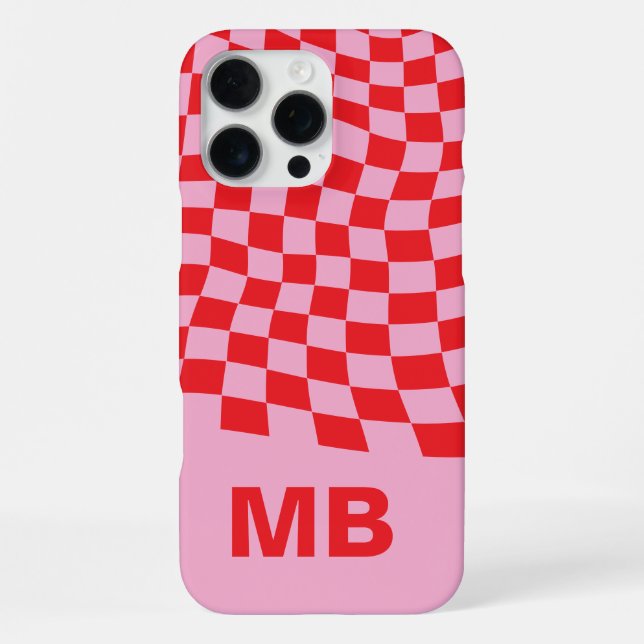 Modern Pink Red Wavy Checkered Pattern Monogram Iphone Case (Back)