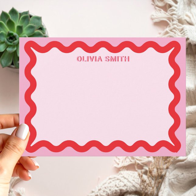 Modern Pink Red Wavy Line Border Monogram Name Note Card (Creator Uploaded)