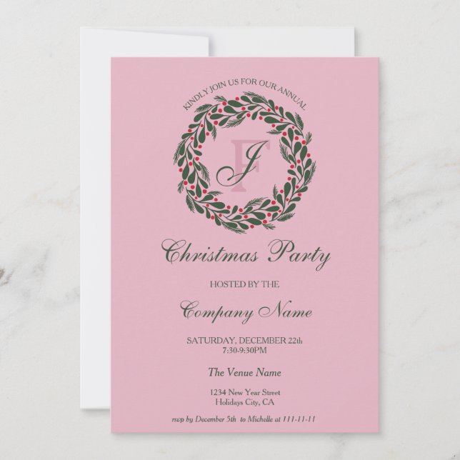 Modern Pink Red Wreath Corporate Christmas Party Invitation (Front)