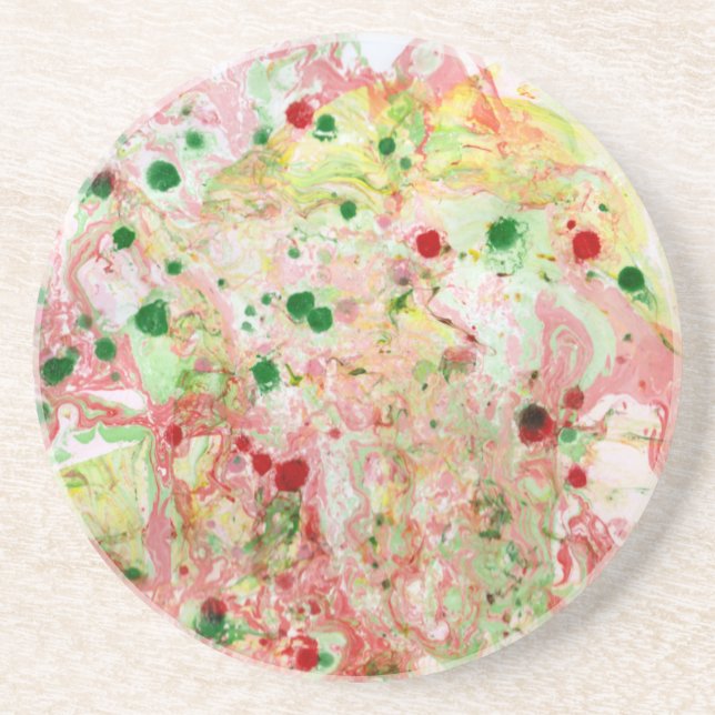 Modern Pink Red Yellow Green Marble Look Abstract Coaster (Front)