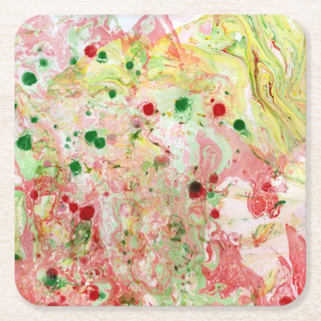 Modern Pink Red Yellow Green Marble Look Abstract Square Paper Coaster (Front)