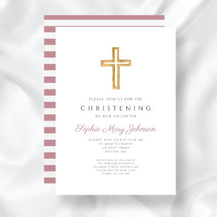 Modern Pink Religious Cross Christening Invitation