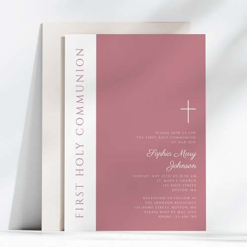 Modern Pink Religious Cross First Holy Communion Invitation