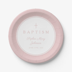 Modern Pink Religious Cross Girl Baptism Paper Plates