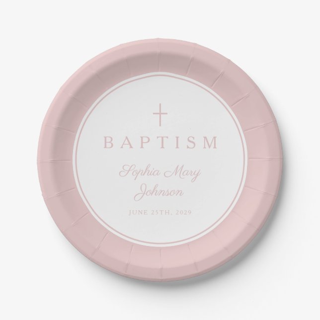 Modern Pink Religious Cross Girl Baptism Paper Plates (Front)