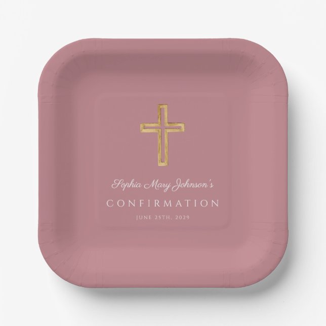 Modern Pink Religious Cross Girl Confirmation Paper Plates (Front)