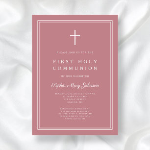 Modern Pink Religious Cross Girl First Communion Invitation