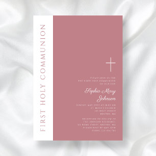 Modern Pink Religious Cross Girl First Communion Invitation