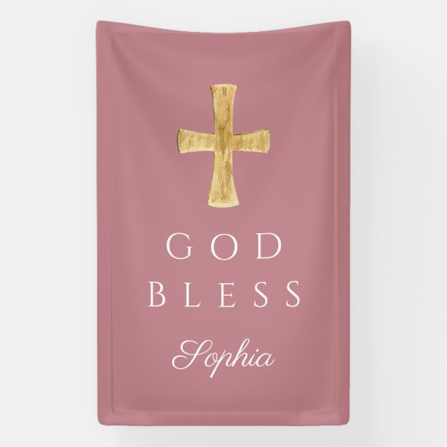 Modern Pink Religious Cross Girl God Bless Banner (Vertical)