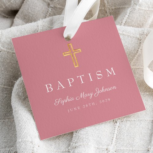 Modern Pink Religious Cross Script Baptism Favor Tags