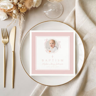 Modern Pink Religius Cross Girl Baptism Napkins