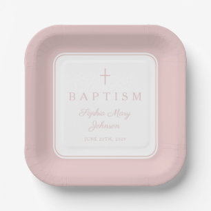 Modern Pink Religius Cross Girl Baptism Paper Plates