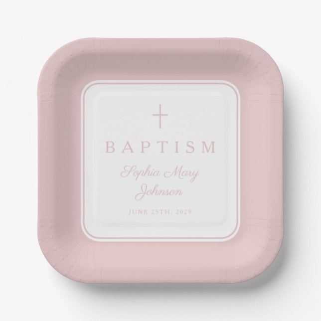Modern Pink Religius Cross Girl Baptism Paper Plates (Front)