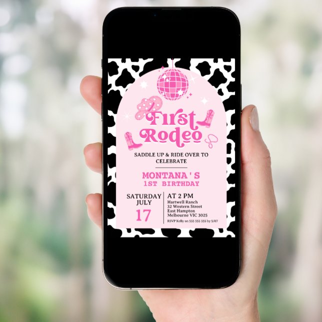 Modern Pink Retro Cowgirl First Rodeo 1st Birthday Invitation (Front Digital)