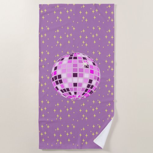 Modern Pink Retro Disco Ball Purple Beach Towel