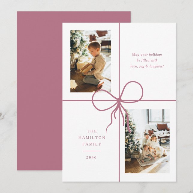 Modern Pink Ribbon Bow Wrap 2 Photo Christmas Holiday Card (Front/Back)