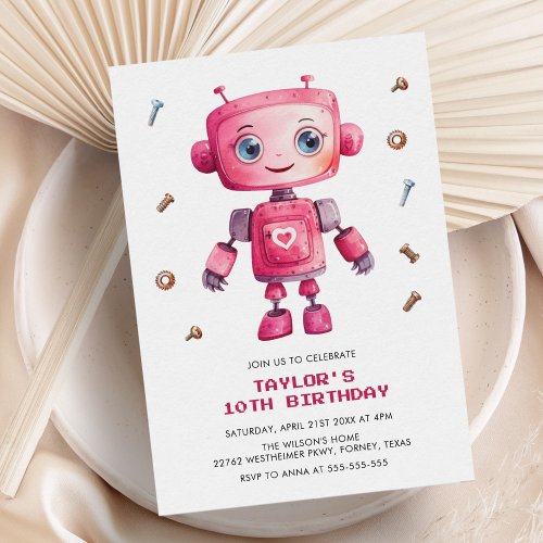 Modern Pink Robot Girl Birthday Party Invitation