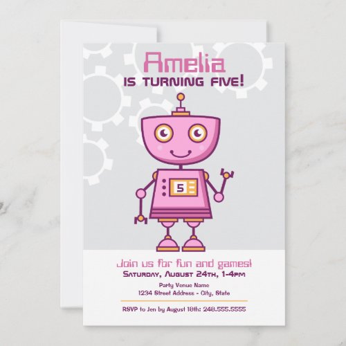 Modern Pink Robot Girls Birthday Party Invitation