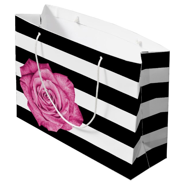 Modern Pink Rose Black White Striped Wedding Party Large Gift Bag (Back Angled)