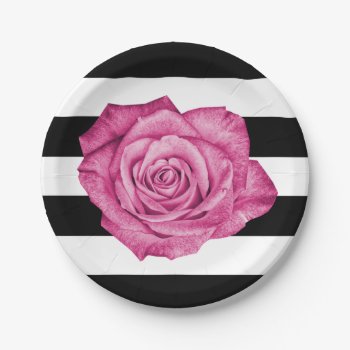 Modern Pink Rose Black White Striped Wedding Party Paper Plates by CyanSkyCelebrations at Zazzle