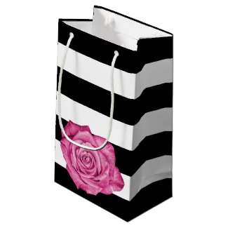 Modern Pink Rose Black White Striped Wedding Party Small Gift Bag