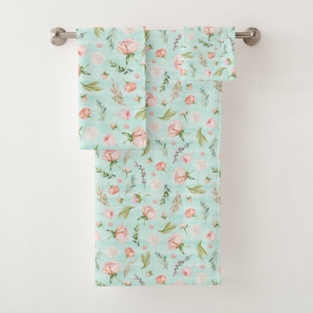 Modern Pink Rose Bud Mint Stripe Pattern Bath Towel Set (Insitu)