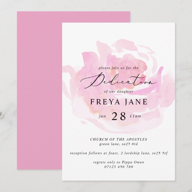 Modern Pink Rose & Calligraphy Baby Dedication Invitation (Front/Back)