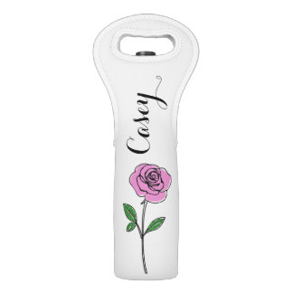 Modern Pink Rose Custom Name Wine Bag