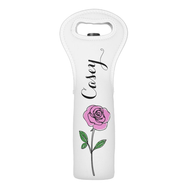 Modern Pink Rose Custom Name Wine Bag (Front)
